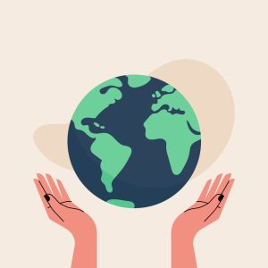 Hands up holds world globe.