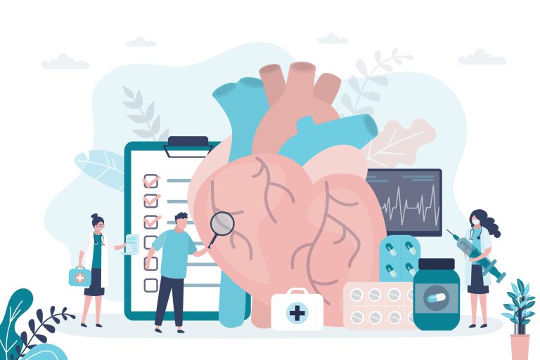 Male character examines heart with magnifying glass. Team of doctors treats cardiovascular system. Ð¡ardiologist holds syringe with medicine. Concept of healthcare and checkup. Flat vector illustration